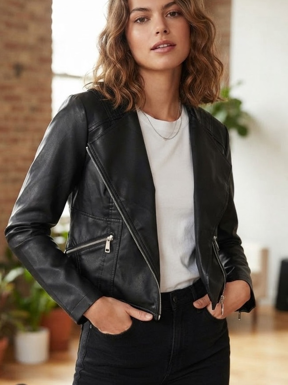 SugarFox Black Faux Leather Asymmetrical Moto Jacket